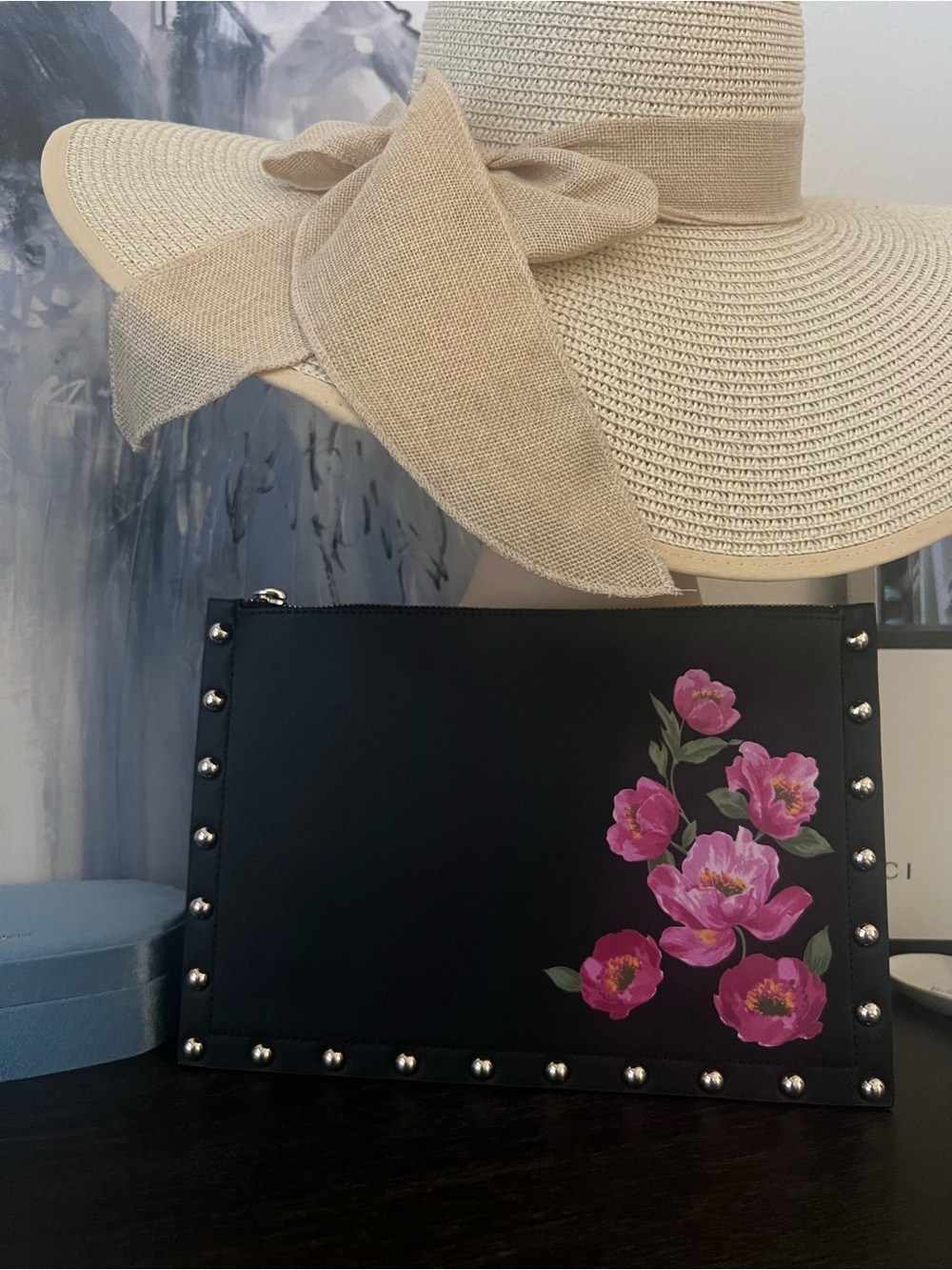 White House Black Market Black Clutch with Pink Floral Print and Stud Trim